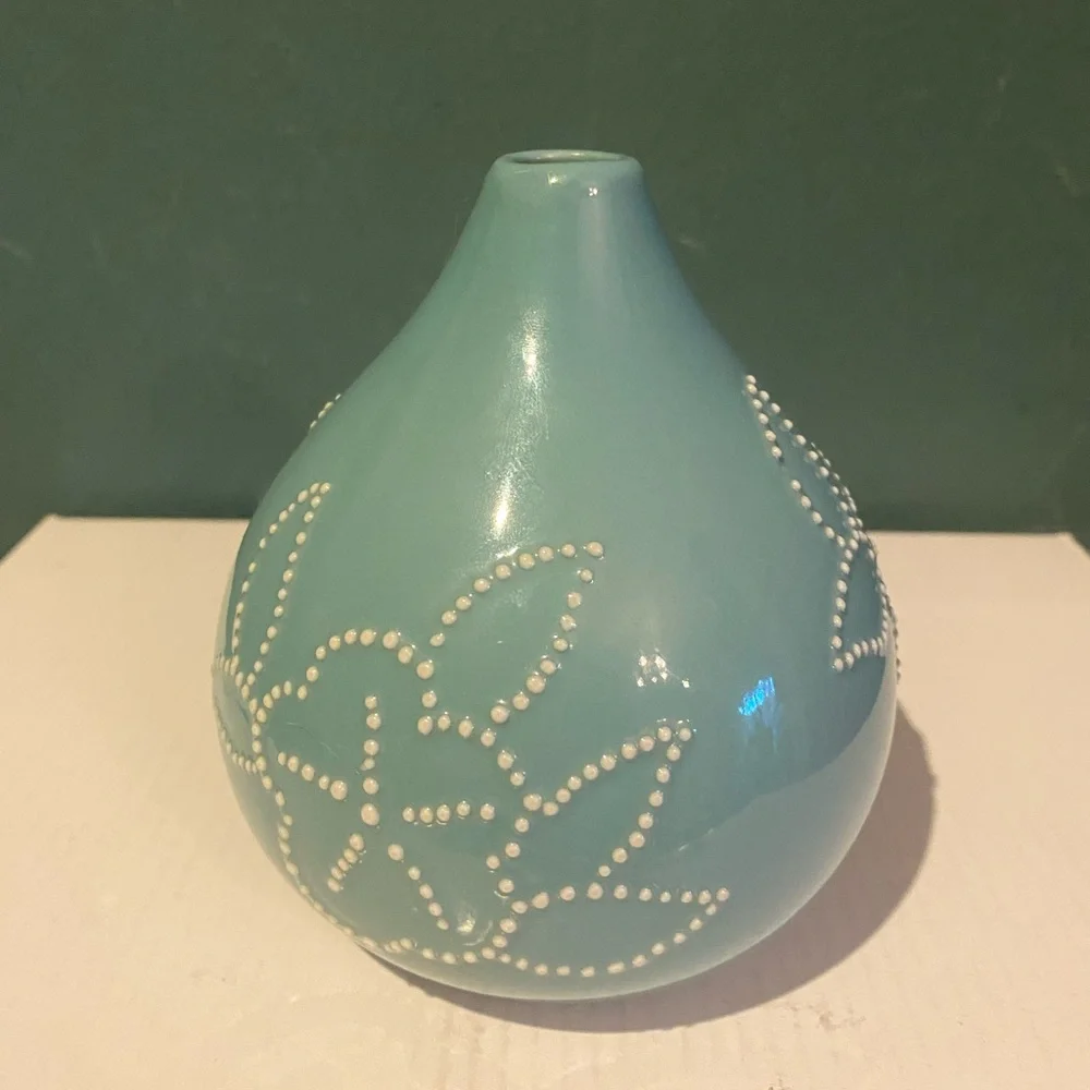 Crate & Barrel Turquoise Vase with Dot Flower Design